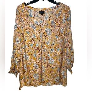 Jones New York mustard w/blue and white floral print 2X